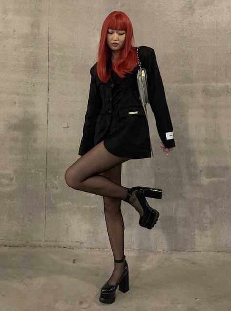 Black Platforms Outfit, Blazer Dress With Stocking, Platform Heel Outfit, Platform Mary Janes Outfit, Platforms Outfit, Platform Heels Outfit, Strawberry Lipstick, Black Heels Outfit, Fiesta Outfit