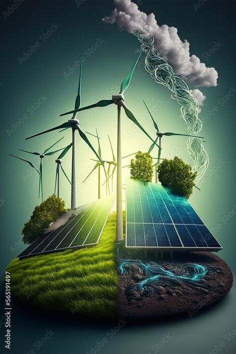 Renewable Energy Design, Visual Rhetoric, Poster Drawing, Energy Conservation, Renewable Energy, Solar Energy, Wind Turbine, Solar Panels, Stock Illustration