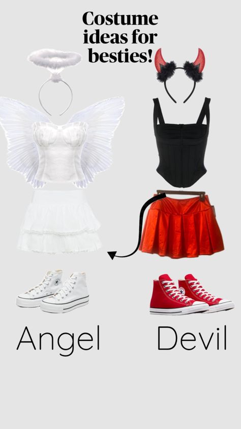 Duo Halloween Makeup, Devil Costume Ideas For Women, Angel And Demon Costume, Devil Angel Costume, Halloween Costumes For A Duo, Cutesy Halloween Costumes, Devil And Angel Halloween Costumes, She Devil Costume, Angel Devil Halloween Costume