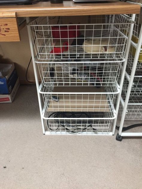 I took ikea basket drawers and some wallpaper and brads and made some great looking  storage where things won't fall through the wires. I started out by measuri… Ikea Wire Basket Drawers, Drawer Makeover, Basket Drawer, Ikea Basket, Crafts Organization, Metal Dog Kennel, Some Wallpaper, Crate Bench, Ikea Makeover