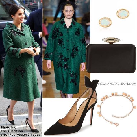 Meghan's Fashion on Instagram: “Meghan kicked off Commonwealth Day in a green Erdem coat and dress 💚  Head to the blog (click link in bio) for complete outfit details. 📸…” Megan Markle Green Dress, Meghan Markle Green, Meghan Markle Green Skirt, Meghan Markle Blue Dress, Meghan Markle Yellow Dress, Meghan Markle Pregnant Outfits, Meghan Style, Coat And Dress, Commonwealth Day