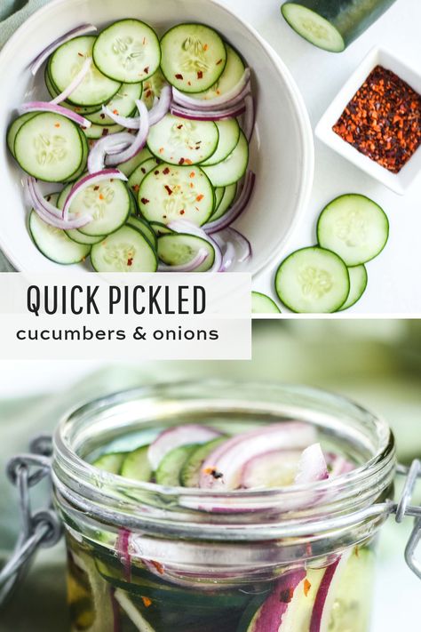 Seriously so simple to make and perfect to pair with all kinds of recipes this summer! #quickpickles #pickledcucumbersandonions #refrigeratorpickles Pickled Onion And Cucumber, Quick Pickling Cucumbers, Pickle Cucumbers Recipe, Quick Pickle Cucumber And Onion, Pickles Cucumbers And Onions, Quick Refrigerator Pickles And Onions, Simple Pickled Cucumbers, Quick Pickle Recipes Simple, Refrigerator Cucumbers And Onions