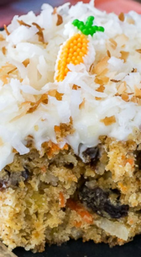 Loaded Carrot Cake ~ A soft, moist cake filled with lots of coconut, carrots, pineapple, raisins, and spices. Best Carrot Cake Recipe With Pineapple And Coconut, Carrot Cake Recipe 8x8 Pan, Hawaiian Carrot Cake With Coconut Icing, Carrot Sheet Cake Recipe With Pineapple, Carrot Cake 8x8 Pan, Carrot Recipes Dessert, Good Desserts To Make, Carrot Cake Recipe Homemade, Sugar Carrots