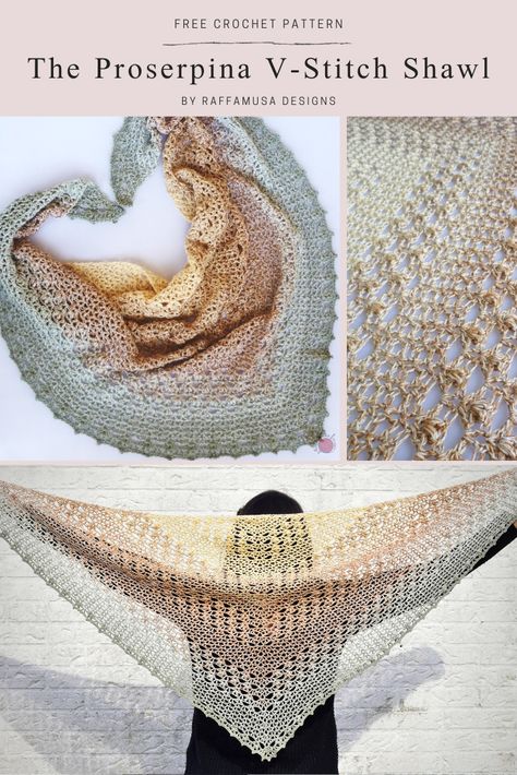 The Proserpina V-Stitch Crochet Shawl is an easy, beginner-friendly crochet shawl. The beautiful and light drape is created using V-stitches and V-puffs. Easy triangular shawl. #shawl #drape #crochet #wrap #scarf #V-stitch #puff #easy #beginner #triangular #point #doublecrochet #uncinetto #haken #ganchillo #lace #neck #handmade #katia #silkdegrade Gamma Shawl Pattern, Triangle En Crochet, Crochet Lace Scarf Pattern, Crochet Triangle Shawl Pattern, V Stitch Crochet, Crochet Prayer Shawls, Poncho Au Crochet, Crochet Shawl Free, Crochet Lace Shawl