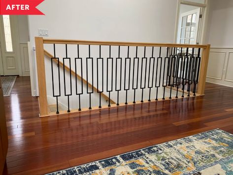 DIY Stair Railing Revamp - Before and After Photos | Apartment Therapy Stair Wall Railing, Interior Railing Ideas, Indoor Stair Railing, Stair Railing Makeover, Redo Stairs, Diy Stair Railing, Indoor Railing, Interior Railings, Stair Banister