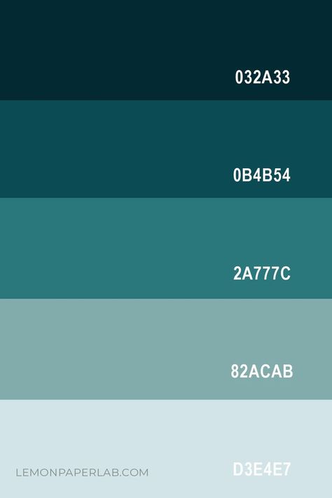 Looking for color inspiration? Check out this ombre teal color palette featuring Midnight Blue, Teal, Turquoise, Seafoam Green, and Light Gray Blue. Gray Blue Color Palette, Blue Pallets, Teal Palette, Teal Color Palette, Turquoise Color Palette, Seafoam Color, Teal Green Color, Hex Color Palette, Blue Color Palette