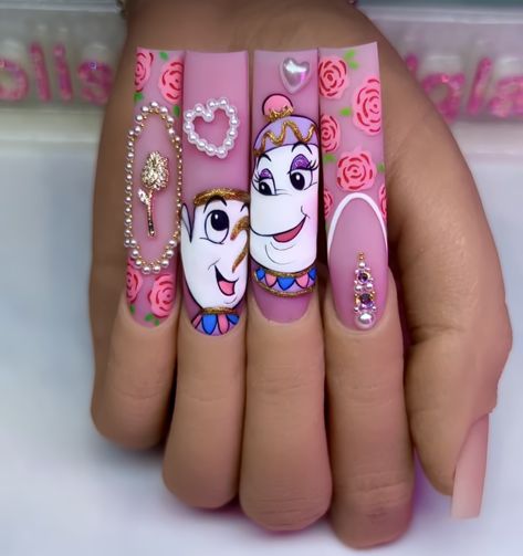 Exotic Nail Designs, Colourful Acrylic Nails, Disney Acrylic Nails, Mickey Nails, Mrs Potts, Super Cute Nails, Long Nail Designs, Nail Art Disney, Colored Acrylic Nails