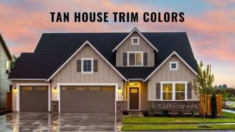 Beige & Tan House Trim Colors. (Ideas and Pics) House Shutter Colors, Brown Shutters, House Sitting Jobs, Beige House, Tan House, Shutter Colors, Black Roof, House Shutters, Shingle Colors