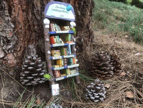 Diy Fairy Trail Ideas, Fairy Garden Library, Fairy Trail Ideas, Trail Ideas, Reading Spaces, Fairies Flying, Walk Idea, Fairy Ideas, Sycamore Tree