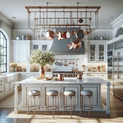 Create a detailed image of a kitchen showcasing modern French interior design. Contemporary white-cabinetry should line the walls, complemented by wrought-iron hardware and marble countertops. Above the island, hang a pot rack with copper pots and pans. A state-of-the-art stainless-steel appliance set, including an oven and refrigerator, should complete the arrangement. A bouquet of fresh flowers in a rustic vase should sit on the island, adding to the inviting ambiance of the space. Copper Pots In Kitchen, Hanging Copper Pots In Kitchen, Hanging Copper Pots, Classic White Kitchen, Copper Accents, Copper Pots, Copper Kitchen, Hanging Racks, Copper Finish