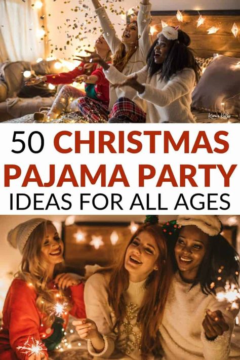 Have a blast at your next holiday party with these fun Christmas pajama party ideas! Get cute ideas for kids and adults-only parties! Pjs Outfits Christmas, Winter Pajama Party, Pajama Party Christmas Theme, Pajama Game Night Party Ideas, Christmas Sleepover Party Ideas, Girls Pajama Party Ideas, Toddler Pajama Party, Holiday Pj Party, Slumber Party Set Up