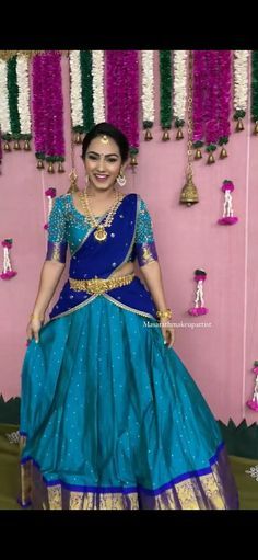 Simple Pattu Half Saree, Traditional Look In Half Saree, Blue Pattu Half Saree, Blue Lehenga Color Combinations, Blue Half Saree South Indian, Blue Pattu Lehenga Half Saree, Best Half Saree Combination, Blue Half Saree Designs, Blue Colour Half Sarees