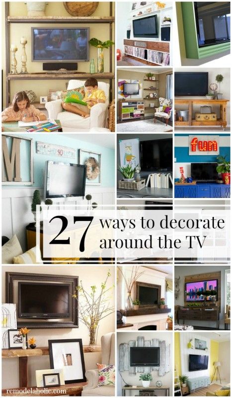 27 ideas for decorating around the TV! plus gallery walls and other techniques to hide the television @Remodelaholic Furniture Under Wall Mounted Tv, Carpenter Projects, Decorating Around A Tv, Tv Shelves, Shelves Around Tv, Apartment Lifestyle, Tv Fireplace, Decor Around Tv, Hanging Tv