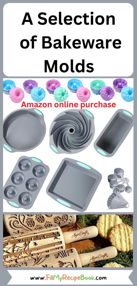 A Selection of Bakeware Molds to bake mini cakes or larger cakes. Sets of baking pans silicon or nonstick, and skewers and kebobs, stainless. Amazon Cake, Silicone Cupcake Molds, Baking Pans Set, Silicone Muffin Pan, Cake Pan Set, Tart Molds, Cake Cup, Square Cake Pans, My Recipe Book