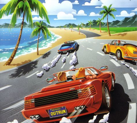 Sega OutRun. Retro Games Poster, Retro Gaming Art, Retro Artwork, Arte 8 Bits, Vintage Video Games, New Retro Wave, Classic Video Games, Game Illustration, Airbrush Art