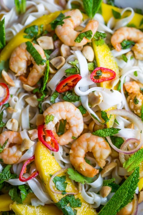 Fresh and flavourful Mango & Shrimp Thai Noodle Salad - bold & punchy flavours mixed together in a rice noodle salad with fresh herbs - easy to make and ready in under 20 minutes! #GlutenFree + #DairyFree #ricenoodles #mango #summersalad #shrimpsalad #healthyrecipe #shrimp Salad With Grilled Shrimp, Salads With Pasta, Shrimp Thai, Tai Food, Salad With Fresh Herbs, Vietnamese Noodle Salad, Paleo Low Fodmap, Thai Salad Recipes, Thai Noodle Salad