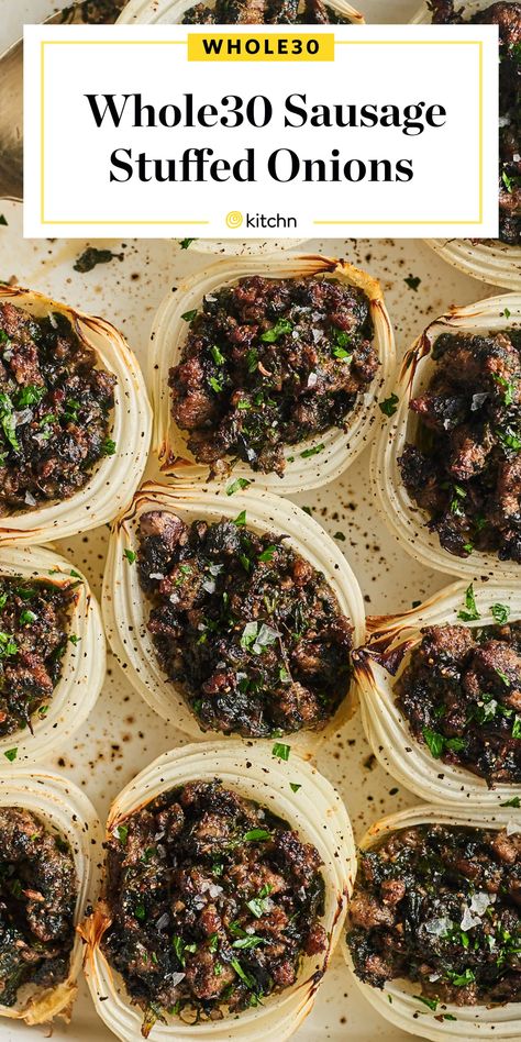 Baked Stuffed Onions Whole, Stuffed Onions Recipes, Spinach Stuffing, Whole30 Sausage, Stuffed Onions, Sausage Mushroom, Broccoli Bites, Soup Appetizers, Healthier Options