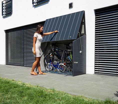 Bicycle Storage Outdoor, Front Yard Bike Storage, Outdoor Bike Storage Ideas, Bicycle Storage Ideas, Outdoor Bicycle Storage, Bike Storage Home, Space Commander, Outdoor Bike Storage, Cycle Storage