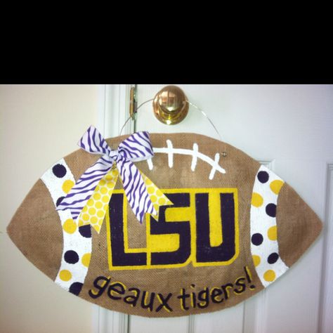 SEC Burlap Door Hanger-LSU Louisiana Door Hanger, Door Hanger Tutorial, Lsu And Saints Door Hanger, Lsu Wooden Signs, Lsu Door Wreaths, Lsu Football Helmet, Garage Sale Signs, Football Door Hangers, Sale Signs