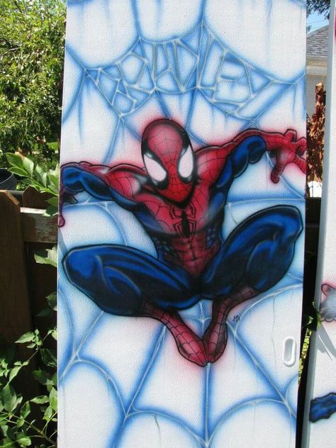 airbrushed spiderman on closet door by AIR-FX AIRBRUSHING Simple Airbrush Art, Spiderman Spray Paint, Airbrush Shirts, Spiderman Shirt, Airbrush Designs, Cartoon Style Drawing, Brush Art, Senior Shirts, Closet Door