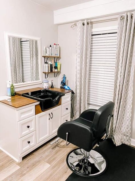 Laundry Room Hair Salon Ideas, Hair Stylist Stations, Mini Hair Salon At Home, Hair Stylist Station Organization, Hair Salon In Living Room, Cosmetology Room Ideas, Mini Home Salon Ideas, In House Salon Ideas Small Spaces, Hair Station Ideas Small Spaces