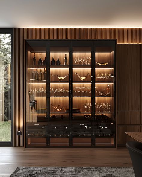 Wine Cellar With Bar, Wine Built In Cabinet, Wine Bar Design Home, Wine Storage Wall Glass, Glass Cabinets Display Alcohol, Wine Glass Display Ideas, Wine Glass Shelves, Luxury Wine Cabinet Design, Wine Display Wall