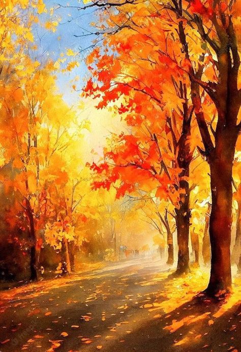 Fall Landscape Paintings Autumn, Autumn Forest Art, Autumn Painting Acrylic, Autumn Art Painting, Autumn Watercolor Paintings, Autumn Painting Ideas, Fall Forest Painting, Fall Trees Painting, Autumn Trees Painting