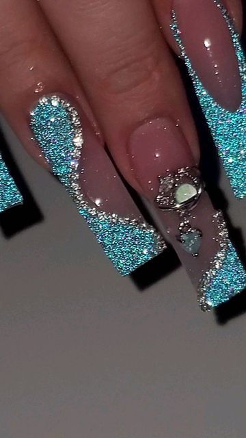 Reflective Glitter Nails Design, Reflective Nails Art Designs, Reflective Glitter Nails, Planet Nails, Teal Design, Reflective Nails, Diy Acrylic Nails, Nail Stuff, Long Acrylic