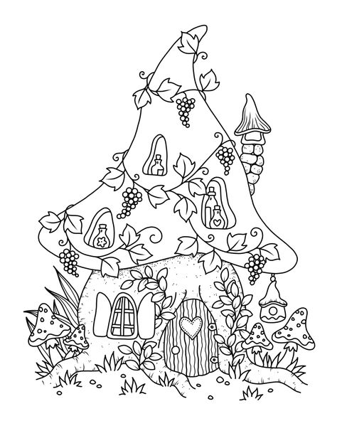 Line Art Coloring Pages, Book Coloring Pages, Cottagecore Coloring Pages, Coloring Pages Christmas, Cottagecore Coloring Pages Free Printable, Mushroom Cottage Drawing, Mushroom Coloring Pages For Adults, Mushroom House Coloring Pages, Autumn Doodles