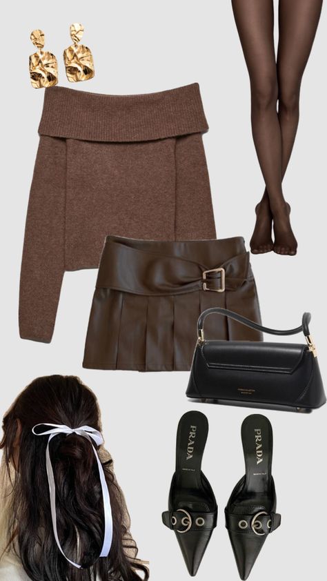 Winter mini skirt ❄️ #brown #miniskirt #fashion #winterfashion #fallfashion #tights #sweater #cozy #bow #jewlery #gold #goldjewelry #prada #heels #outfit #outfitinspo #outfitgoals #fashiongoals #fyp Prada Heels Outfit, Brown Mini Skirt Outfit, Winter Mini Skirt, Winter Mini Skirts, Prada Heels, Cozy Fall Outfits, Miniskirt Outfits, New Years Eve Outfits, Casual Winter Outfits