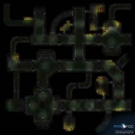 Download this map for free or create your on on dungeonfog.com. ⚔️ - #dungeon #rpg #ttrpg #battlemap #map #dnd #dnd5e #roleplay - A huge underground sewers map with multiple rooms, tunnels and connecting pathways. Perfect for a long underground adventure. Use as one big map, or for sewers under the city parts at a time. ------------------- If you enjoyed this map then don't forget to hit the ❤️ button above, and don't forget to follow me through my profile by clicking my name! Wan... Underground Battlemap, Sewer Battlemap, Sewer City, Dungeon Rpg, Underground Map, Underground City, Underground Tunnels, Dnd Maps, Rpg Maps