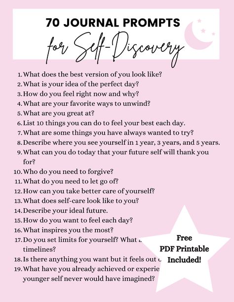 70 Self-discovery journal prompts to get to know yourself plus free pdf printable worksheet. Self-reflection and self-care through journal writing. #journalprompts #journaling #selfdiscovery #freeprintables #printablejournalprompts Prompts Art, Prompts For Self Discovery, Mindfulness Journal Prompts, Gray Headboard, Get To Know Yourself, Journal Questions, Gratitude Journal Prompts, Daily Journal Prompts, Know Yourself