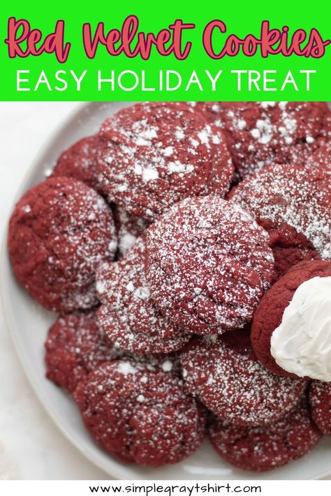 Whip up these Red Velvet Cake Mix Cookies in no time! Soft, chewy, and deliciously rich.  Perfect for cookie exchanges, holiday parties, or leaving a little treat out for Santa. They are the perfect Christmas cookies and so easy to make! Red Velvet Cookies Easy, Easy Red Velvet Cake, Red Velvet Cake Mix Cookies, Soft Chewy Cookies, Easy Red Velvet, Simple Cookie, Easy Holiday Treats, Velvet Cookies, Red Velvet Cake Mix