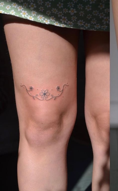 Croquette Tattoo Ideas, Knee Scar Tattoo Cover Up, Fruit Sticker Tattoo, Dainty Knee Tattoo, Symmetrical Thigh Tattoos, Ornamental Knee Tattoo, Coquette Tattoo Ideas, Under Elbow Tattoo, Pretzel Tattoo