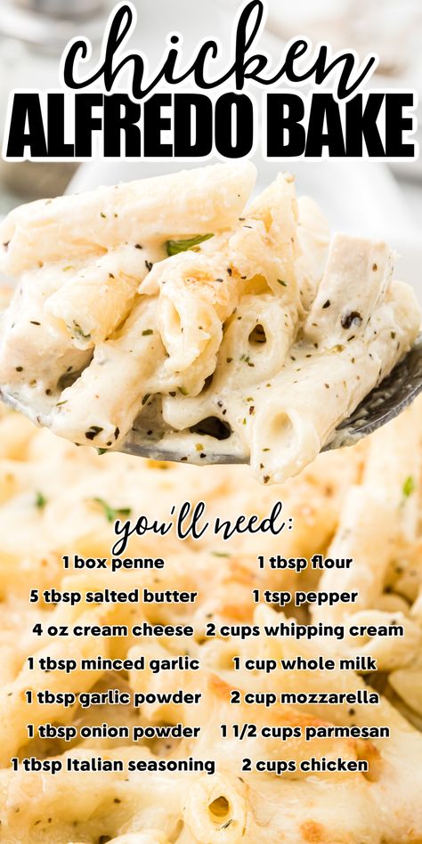 Baked Chicken Alfredo Pasta Recipes, Chicken Alfredo Hotdish, Dinner Ideas With Alfredo Sauce, Oven Alfredo Pasta, Creamy Chicken Alfredo Casserole, Chicken Alfredo Mac And Cheese, Creamy Chicken Alfredo Bake, Make Ahead Chicken Alfredo Bake, Oven Baked Chicken Alfredo Pasta