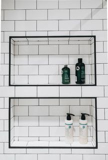 Farm House Kitchen and Bathroom Renovation - Transitional - Bathroom - New York - by NYKB | Houzz Bathroom Rehab, Half Wall Shower, Black And White Tiles Bathroom, Beach Style Bathroom, Beautiful Master Bathrooms, Recessed Shelves, Black Grout, Subway Tiles Bathroom, Twisted Tree