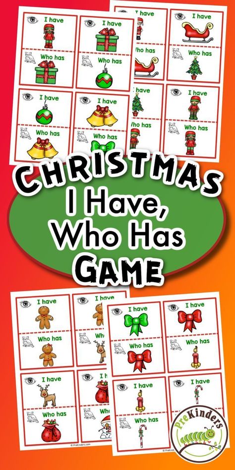 Check out from PreKinders this Christmas version of “I Have, Who Has”! Use this as a fun Christmas party game for your class this holiday season! This is an excellent learning activity that your Pre-K or Preschool class will love! Christmas Circle Time Activities Preschool, Holiday Small Group Activities Preschool, Holiday Prek Activities, Christmas Games For Prek, Preschool Christmas Games Classroom, Christmas Hands On Activities Preschool, Christmas Large Group Activities Preschool, Christmas Kindergarten Games, I Have Who Has Games Free Preschool