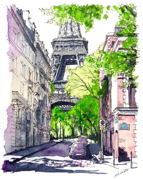 Watercolor Architecture, Architecture Drawing Art, Travel Sketches, 수채화 그림, Urban Sketchers, Watercolor Trees, Watercolor Sketch, Urban Sketching, The Eiffel Tower