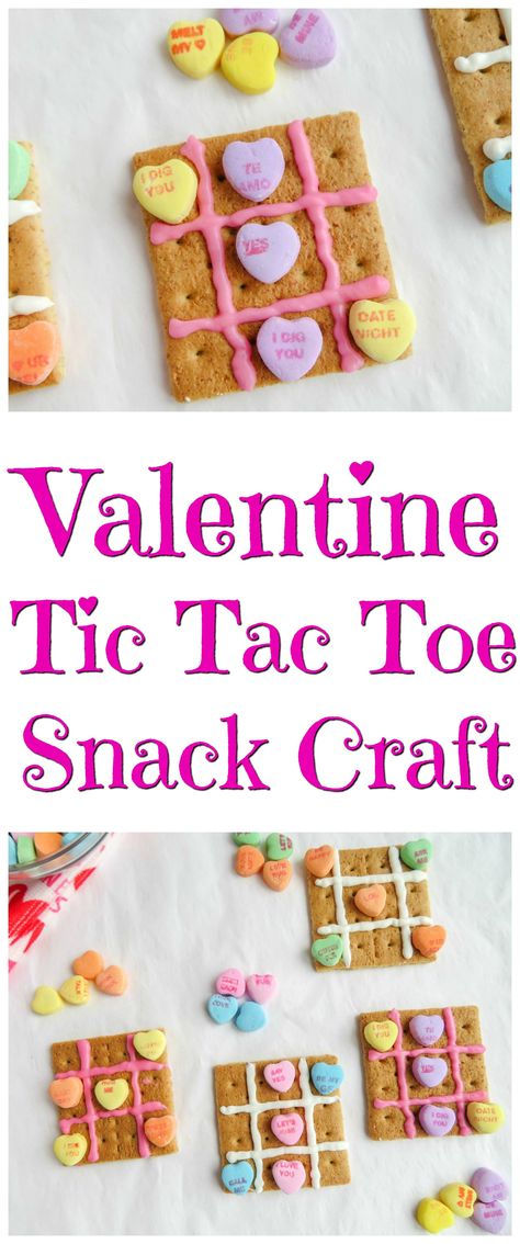 Valentine Tic Tac Toe Snack Craft - perfect for a classroom party too! Snack Crafts, Valentines Bricolage, Valentines Snacks, Biscuits Graham, Fingerfood Party, Valentinstag Party, Preschool Valentines, Valentines Day Food, Valentines Day Treats