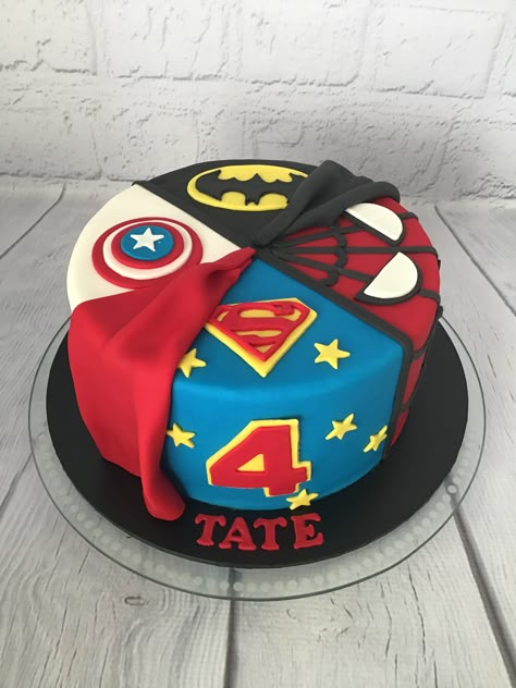 Superhero Cakes For Boys, Super Hero Theme Cake, Superhero Party Cake, Super Heroes Cake, Super Hero Cake Ideas, Birthday Cake 4th Boy, Birthday Cake For 5 Year Boy, Spiderman Cakes For Boys, Birthday Cake For 4 Year Boy