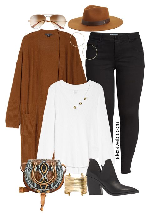 A plus size outfit with a long cardigan in rust. Plus, black skinny jeans, a henley top, a crossbody bag, ankle booties, and a wool fedora. Cardigan Outfit Plus Size, Plus Size Casual Fashion, Short Plus Size Fashion, Long Cardigan Outfit, White Henley, Alexa Webb, Look Jean, Plus Size Fall Outfit, Cardigan Outfit