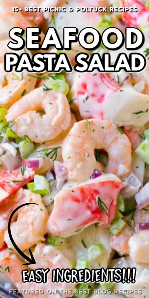 Summer Seafood Salad, Pasta Salad Recipes Seafood, Shrimp And Crab Pasta Salad Cold, Creamy Seafood Pasta Salad, Pescatarian Potluck Recipes, Sea Food Pasta Salad, Prawn Pasta Salad Cold, Seafood Summer Recipes, Prawn Pasta Salad