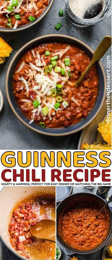 Guinness Chili is a hearty, rich, flavorful dish made with beer, beans, tomatoes, and warm spices. Perfect for dinner or the big game! Guinness Chili Crock Pot, Chili Beans With Sausage, Chili Recipe With Cocoa Powder, Guinness Chili Recipe, Chili Recipe With Beer, Cocoa Chili Recipe, Chili With Beer, Guinness Chili, No Meat Chili Recipe