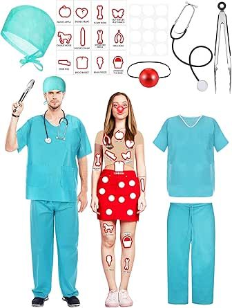 Realspring 8 Pcs Operation Game Couples Costume Set for Adult Halloween Board Game Couple Costume Medical Doctor Surgeon Red Lighted Nose Patient Costume for Halloween Party Cosplay Patient Costume, Operation Costume, Halloween Board Game, Game Couple, Charlie Horse, Operation Game, Halloween Board, Couple Costume, Couples Costume