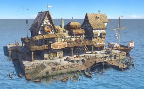 Wine Pub+ Port, Timothy Lee on ArtStation at https://www.artstation.com/artwork/Z5GXJw Medieval Port, Wine Pub, Old Abandoned Houses, Medieval Houses, Minecraft Architecture, Fantasy House, Fantasy City, Fantasy Places, Fantasy Map