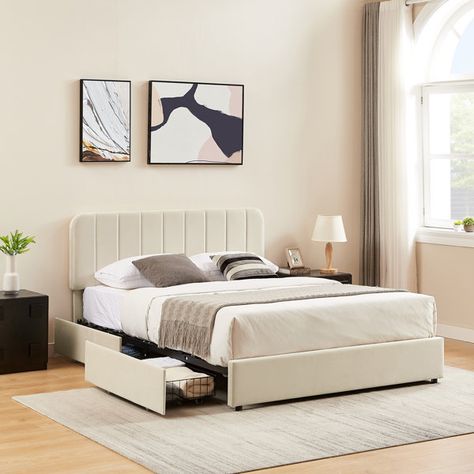 Modern Upholstered Bed, Full Size Upholstered Bed, Full Bed With Storage, Modern Upholstered Beds, Upholstered Storage Bed, White Bed Frame, Sophisticated Bedroom, Under Bed Drawers, Queen Size Platform Bed