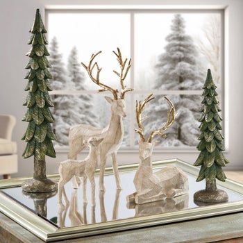 Holiday Deer Family with Trees, Set of 5 Christmas Deer Decorations, Painted Antlers, Deer Decor, Deer Family, Large Tree, Elegant Table Settings, Front Porch Christmas Decor, Baby Deer, Classic Holiday