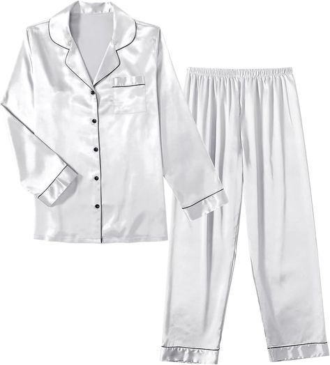 Ekouaer Women Satin Pajamas Set Classic Button Down Long Silk Pjs Set,Medium,White at Amazon Women’s Clothing store Silk Pjs Set, Long Pjs, Satin Pajamas Set, Silk Pjs, Pjs Set, Silk Pajama Set, Satin Pyjama Set, Satin Pajamas, Silk Pajamas