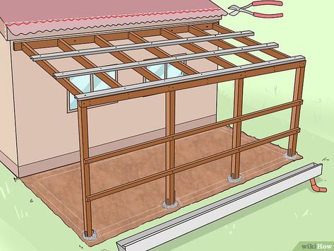 6 Ways to Add a Lean To Onto a Shed - wikiHow #shedideas Terrasse Med Tak, Lean To Carport, Lean To Roof, Lean To Shed Plans, Diy Storage Shed, Lean To Shed, Shed Building Plans, Diy Shed Plans, Storage Shed Plans