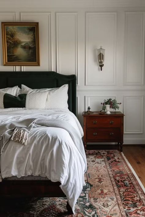 40+ Moody Romantic Bedroom Ideas To Unwind In Bedroom Mantle Decor Master, Master Bedrooms Cherry Wood Furniture, Romantic Traditional Bedroom, Suzanne Kasler Bedroom, Elegant White Bedroom Ideas, Molding For Bedroom, Cozy Cottage Master Bedrooms Decor, Moody Light Bedroom, Brownstone Interiors Bedroom